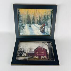 Country Scenes Print Wall Art Picture Set of 2; Snow Cardinals; Antique Barn
